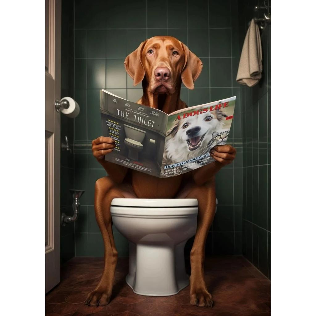 Dog Monkey Highland Cow Sitting on The Toilet Reading Newspaper Poster Animal Print Canvas Painting Funny Bathroom Wall Decor