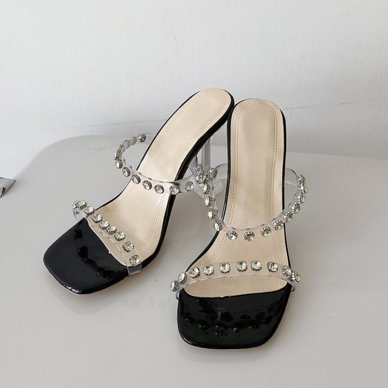 Fashion Summer New Square Toe Rhinestone High Heels Wine Glass Heel Transparent Slip Strap Stiletto Sandals for Women