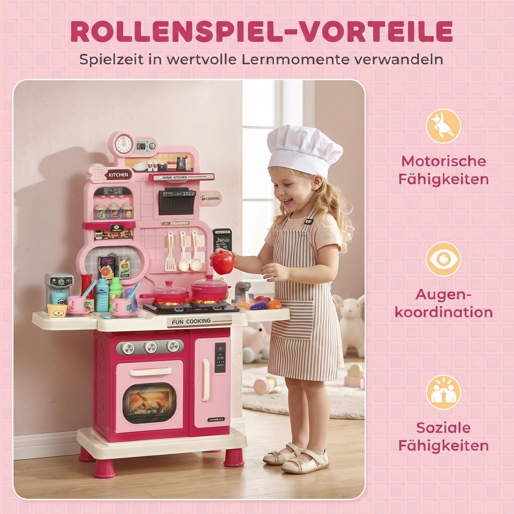 Play Kitchen, 33 PCS Kids Kitchen Playset with Lights, Sounds, Storage, Circulating Water Sink for 3-6 Years, Pink