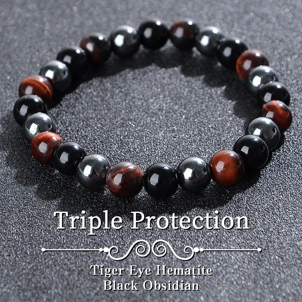 Triple Protection Bracelet, Blue Malachite Black Bile Obsidian Beaded Bracelet, Handmade Stretch Beaded Bracelet