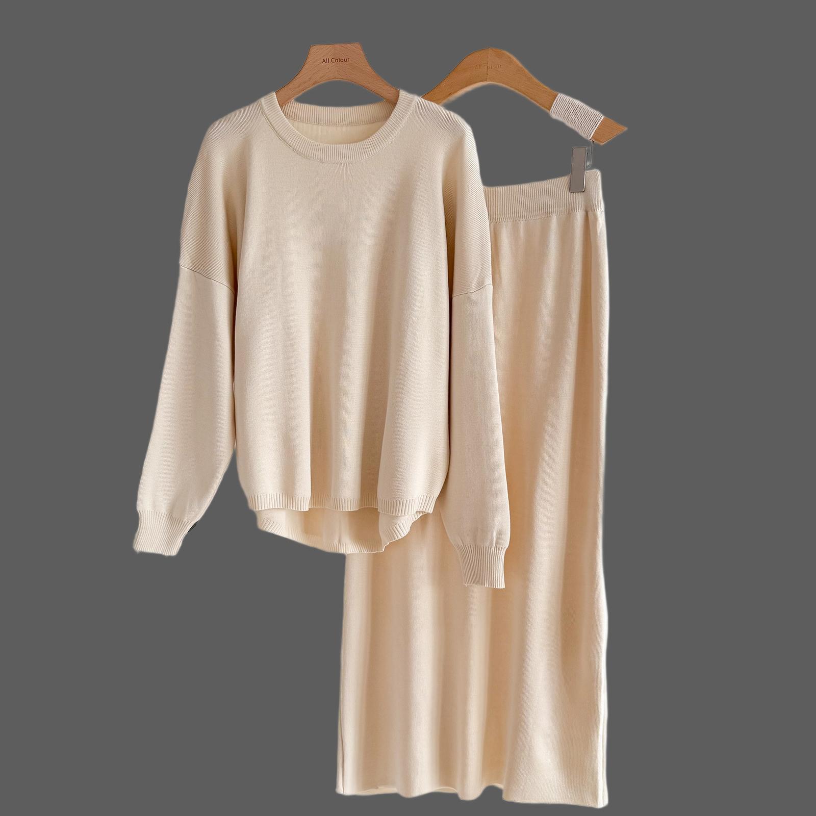 

Комплект свитер и юбка Осень и Зима Однотонный Простой Модный Повседневный Вязаный Комплект с Длинным Рукавом One size абрикосовый