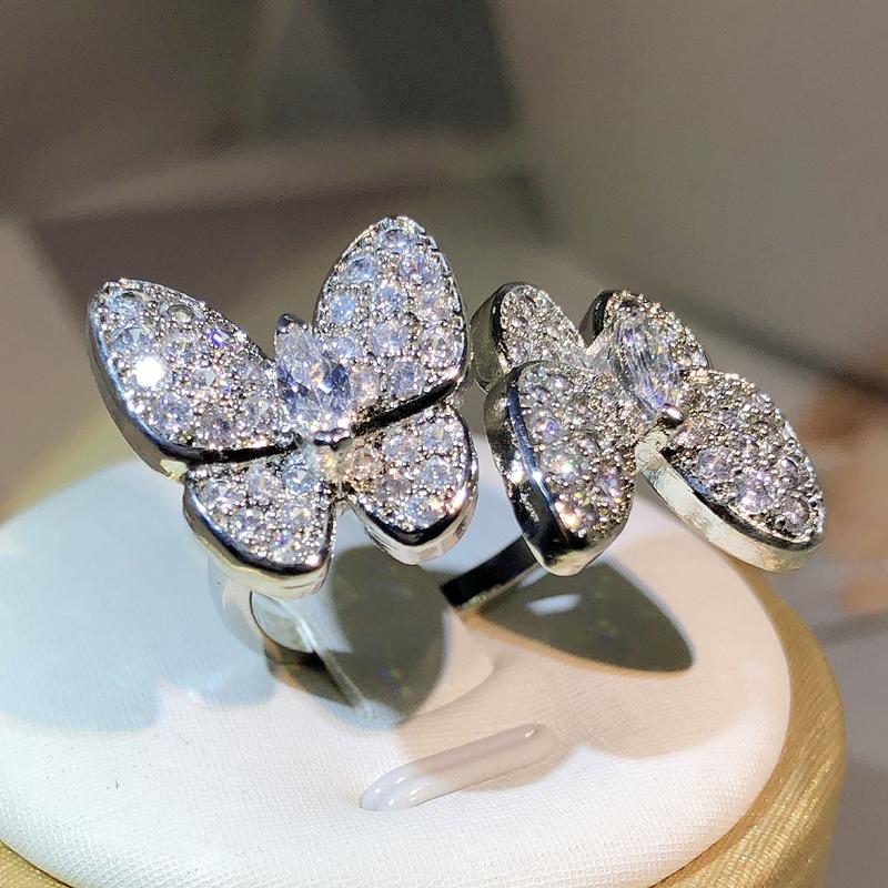 925 Silver Luxury Vintage Double Butterfly Full Crystal Ring Jewelry For Women Rhinestone Sweet Girls Ring Female Wedding Rings