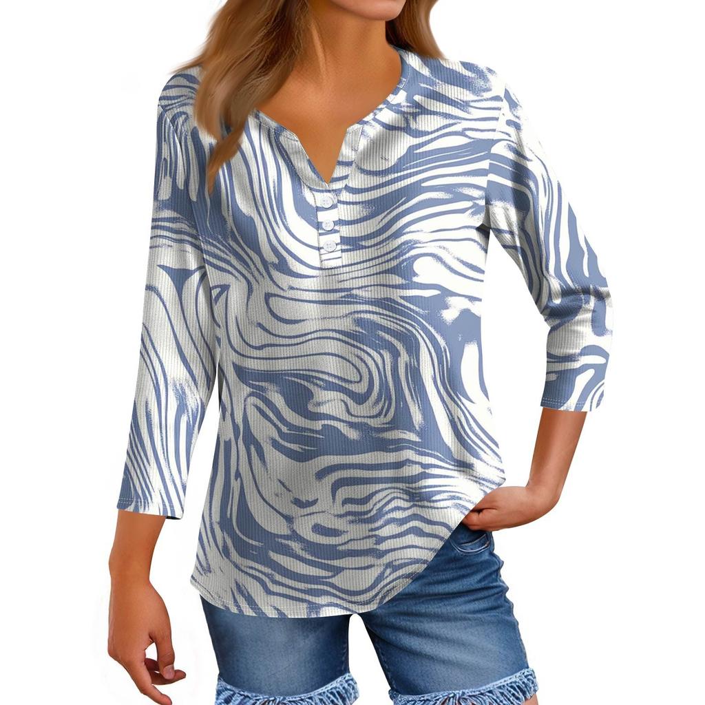 Damen T-Shirt Print Button 3/4 Ärmel Tunika Alltag Wochenendmode Basic V-Ausschnitt Normales Oberteil