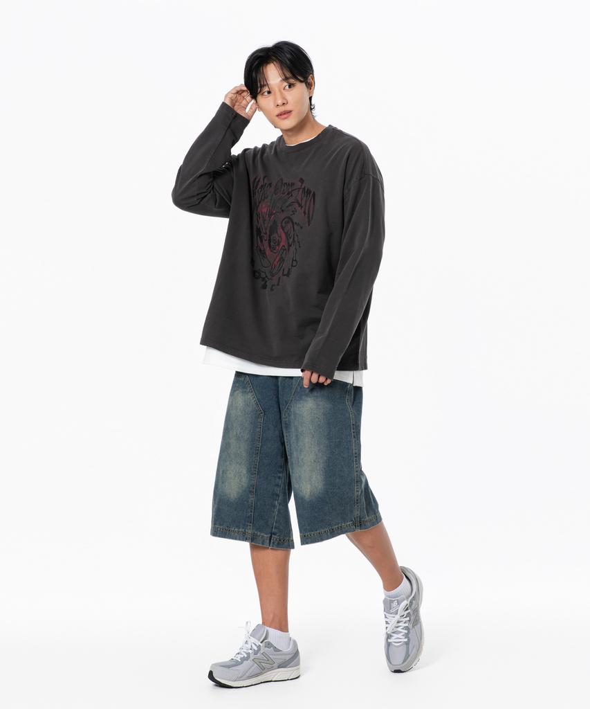 MOZMOZ Brother Graphic Pigment Long Sleeve Charcoal