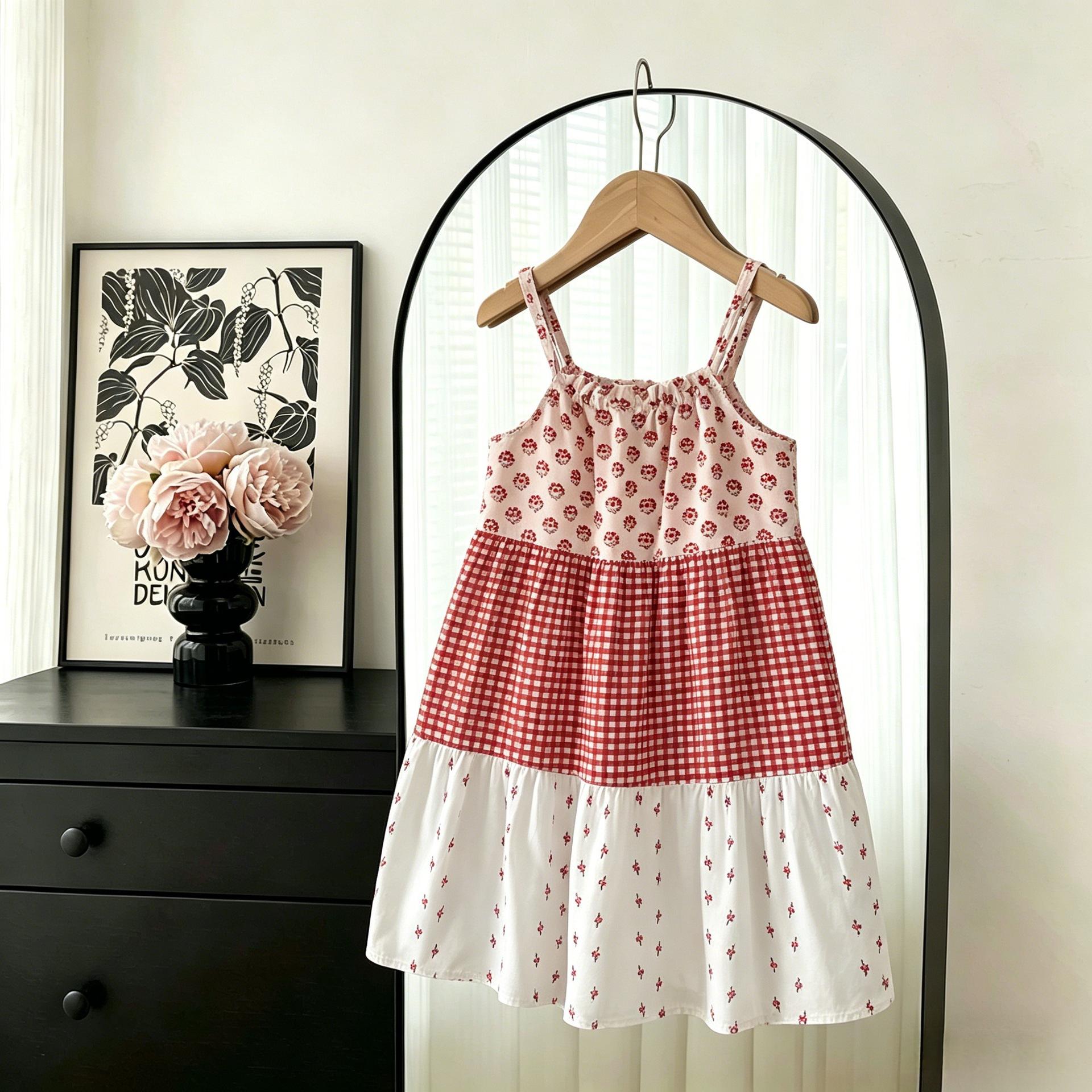 Summer Girls Floral Spliced Strap Cake Dress Stylish Princess Tiered Sundress For Kids Party Wear 100cm