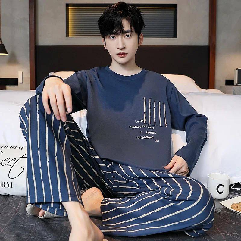 Baumwolle Herren Pullover Nachtwäsche Herbst Frühling Langarm Nachtwäsche 2 Stück Pyjamas Set Männlich