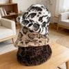 Fluffy Leopard Print Bucket Hat Thick Warm Ear Flap Fashionable Versatile Hat
