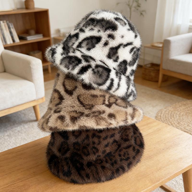 Fluffy Leopard Print Bucket Hat Thick Warm Ear Flap Fashionable Versatile Hat