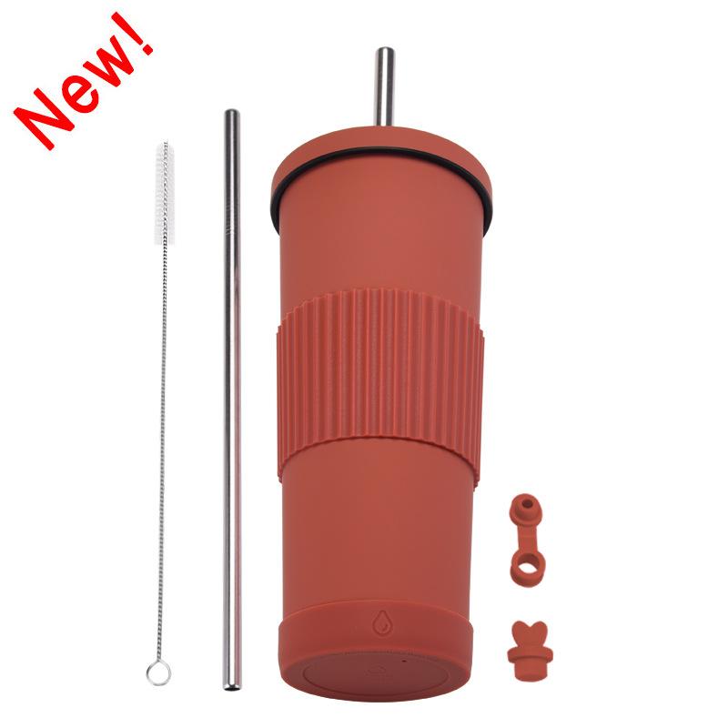 830Ml Stainless Steel Straw Cup Large Capacity Non-Slip Sleeve Straw Thermos Cup Simple Car Water Cup