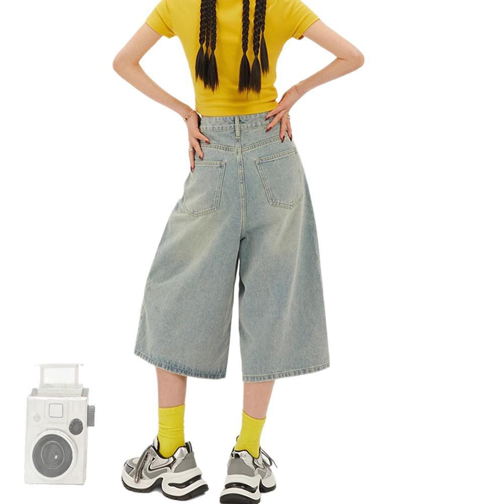 Shorts di Jeans Americani Retro a Vita Alta da Donna - Gamba Larga - Estate 2025 Vestibilità Slim