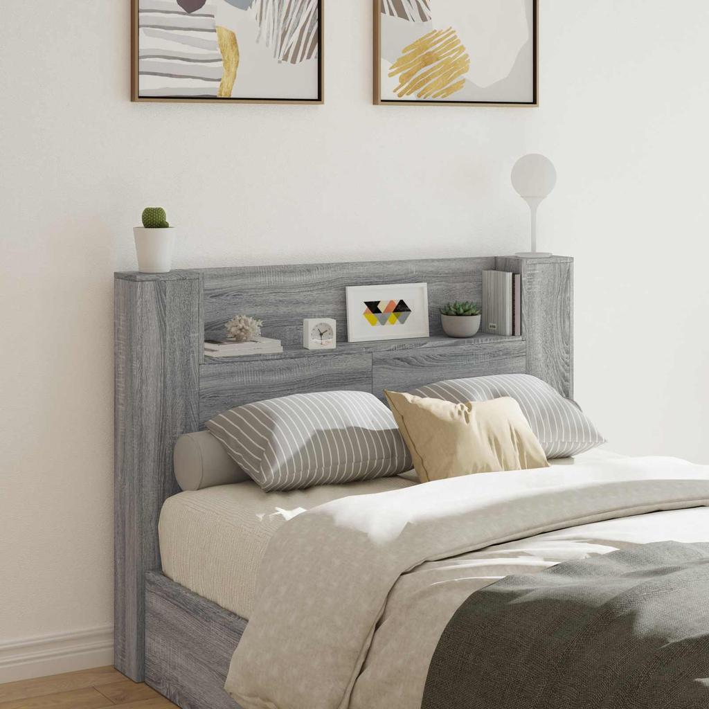 Headboard Cabinet with LED Lighting Grey Sonoma 140 x 16.5 x 103.5 cm