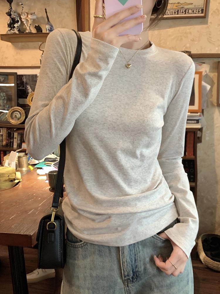 

Женский облегающий пуловер с длинным рукавом и круглым вырезом: Новая осенняя базовая рубашка свободного кроя однотонной расцветки 2025 года Large