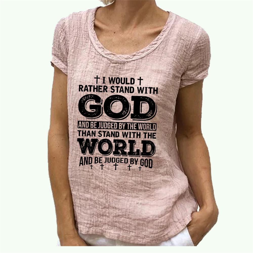 Women Fashion Cotton Linen T-shirt Round Collar Short Sleeve Top Spring&summer Print Blouse