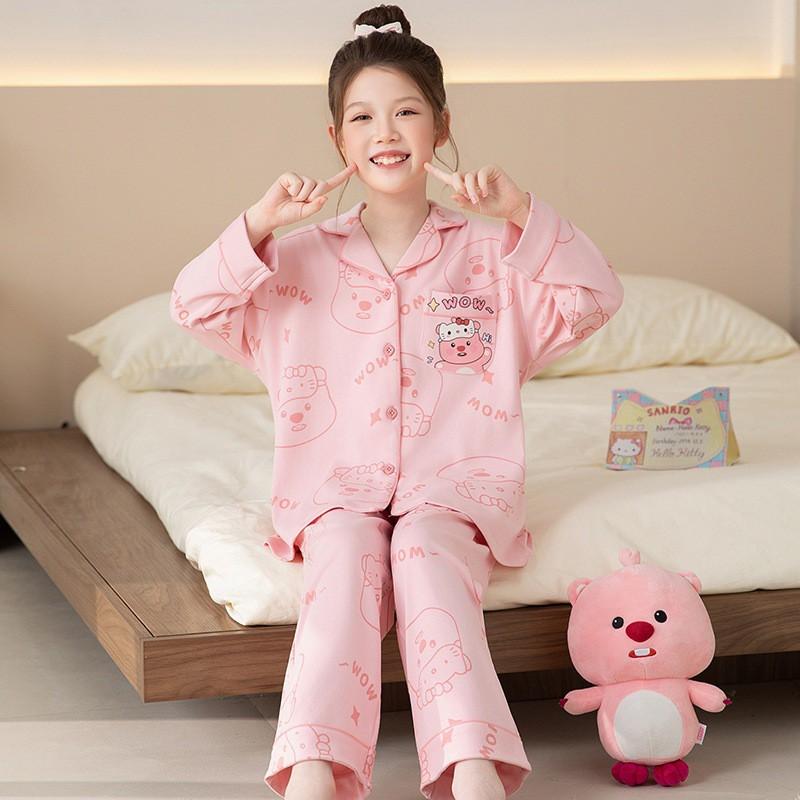 Girls Cotton Pajama Set With Collar Long Sleeve Cartoon Print Fall Kids Sleepwear Comfortable Home Outfit