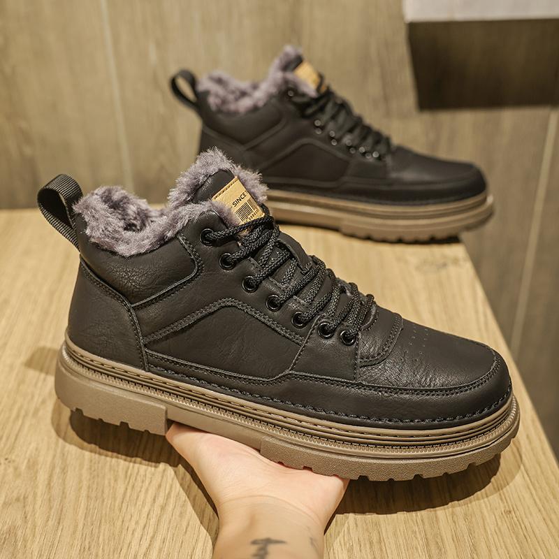 Men's Leather Boots 2025 High Quality Winter Warm Fur Ankle Short Lace-up Thick Bottom Non-Slip Casual Work Mens Shoes