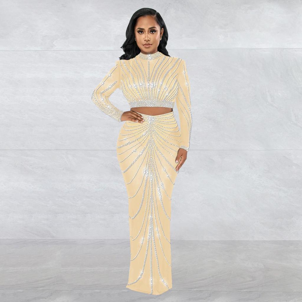 European & American Fashion Mesh Hot Drilling See-through Long Sleeve Long Dress Two-piece Set for Women