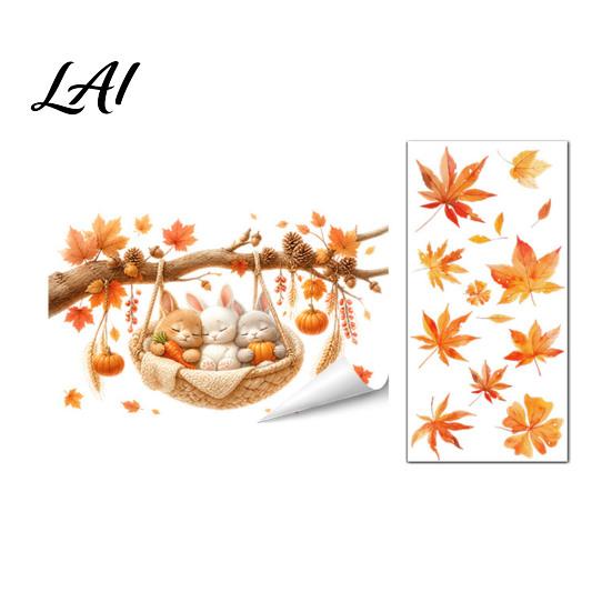 Autumn Window Clings 2Pcs Fall Maple Leaves Animals Static Stickers Squirrel/Hedgehog/Rabbit/Raccoon Glass Home Ornament PVC Waterproof for