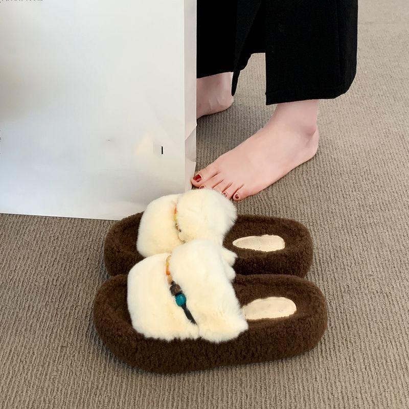Warm one-word cotton slippers thick-soled heightening women's outer wear 2025 autumn and winter new fashion beaded versatile Mao Mao slippers