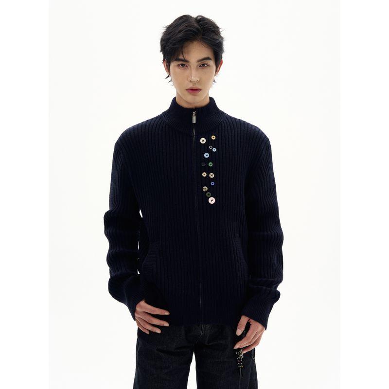 Kisko American Retro Multi-Button Half-High Collar Ribbed Knit Sweater for Men and Women, Stylish and Versatile Jacket