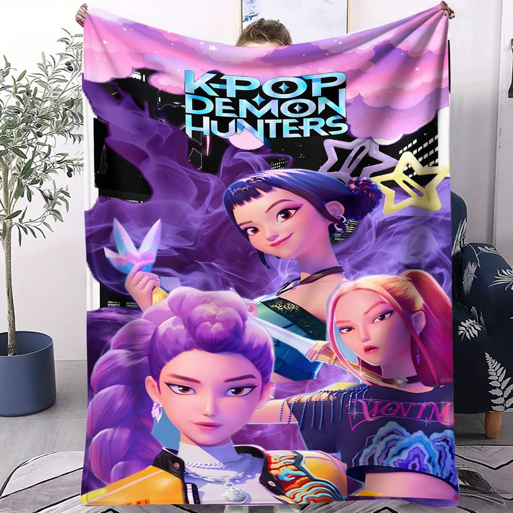 K-Pop Demon Hunters Huntrix Flannel Blanket Neon Warrior Girl Group Design Soft Throw for Bedroom Sofa Concert Fans Gift Teens