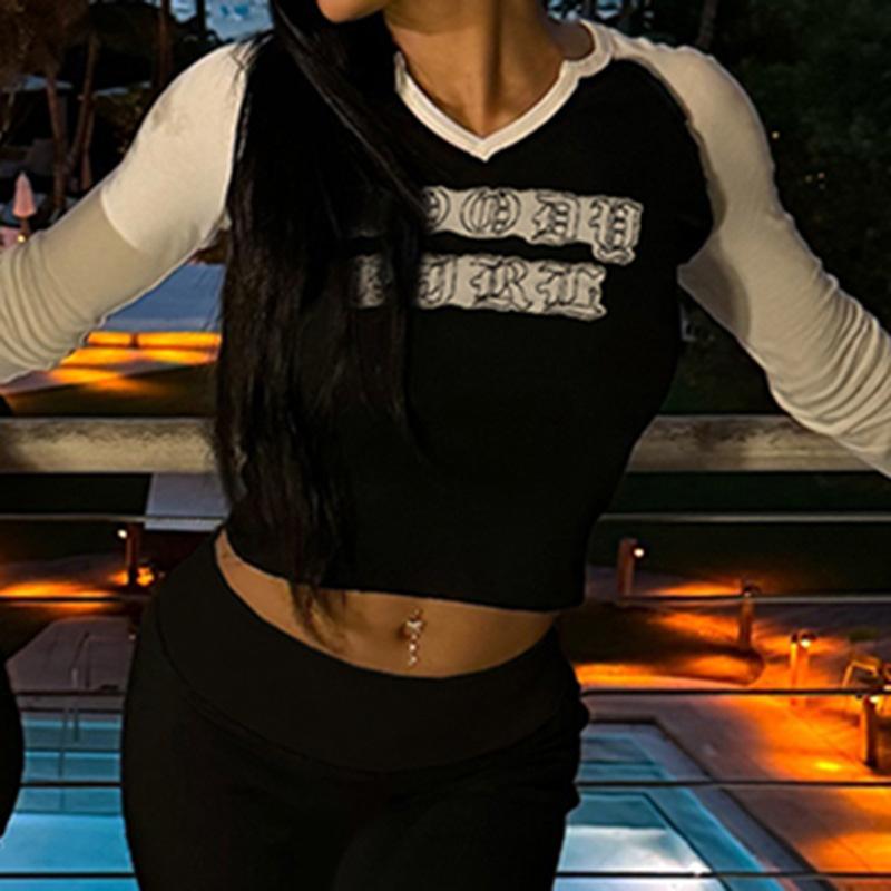 Women's Letter Print V Neck Color Contrast Fashion Spice Slim Slim Casual Long Sleeved Short Top