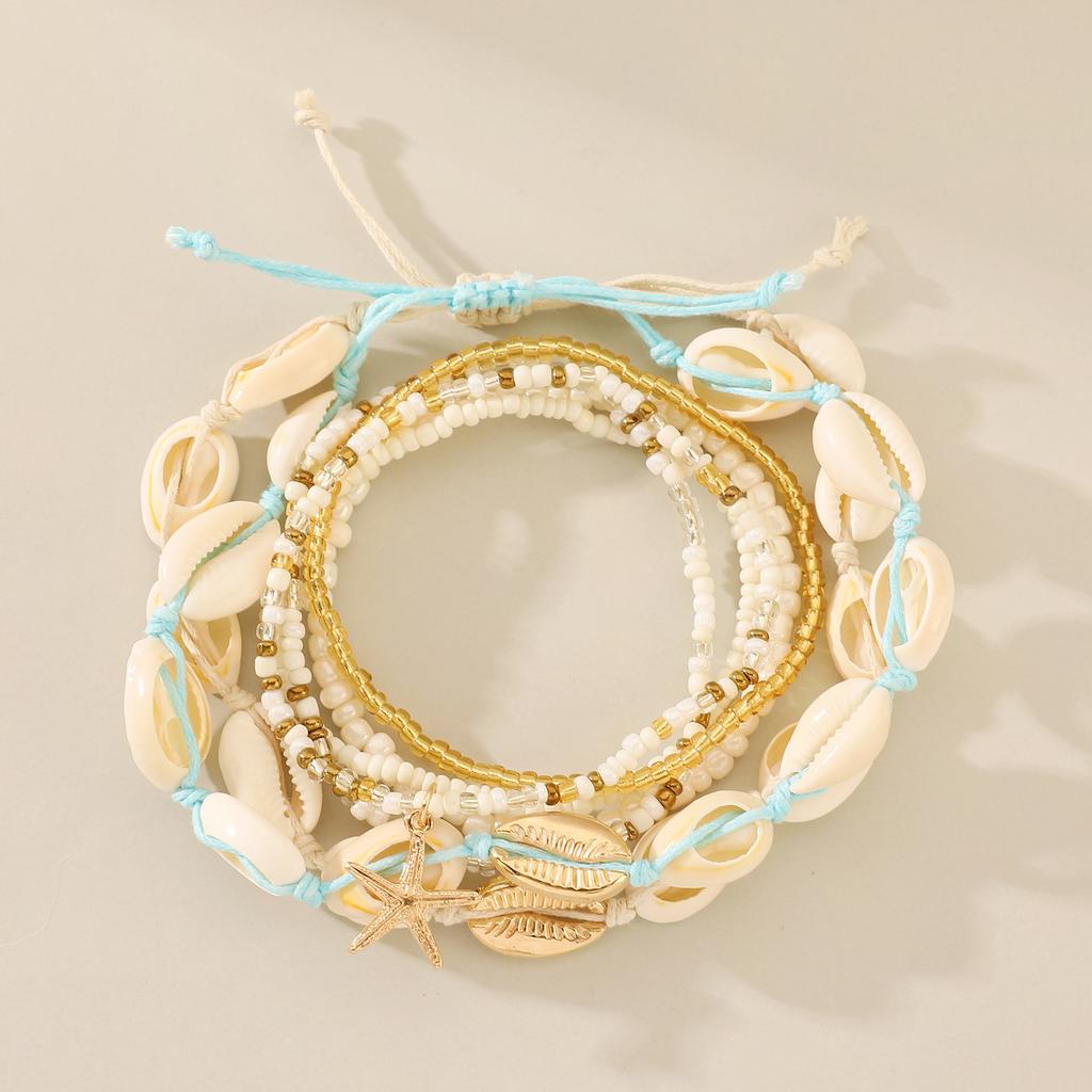 Bohemian Beach Anklet Set, Multi-Layer Beaded & Shell Charm Ankle Bracelets with Starfish, Turtle, Tassel Details