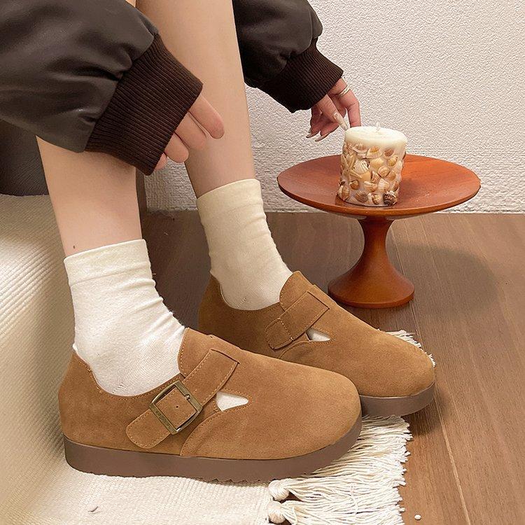 Belt buckle fashion Boken shoes women's 2024 autumn and winter hard retro casual flat bottom one pedal leather shoes