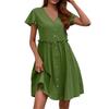 Women's Fashion Solid Color Casual Bohemian Vacation V Neck Short Sleeved Ruffle Edge Dress