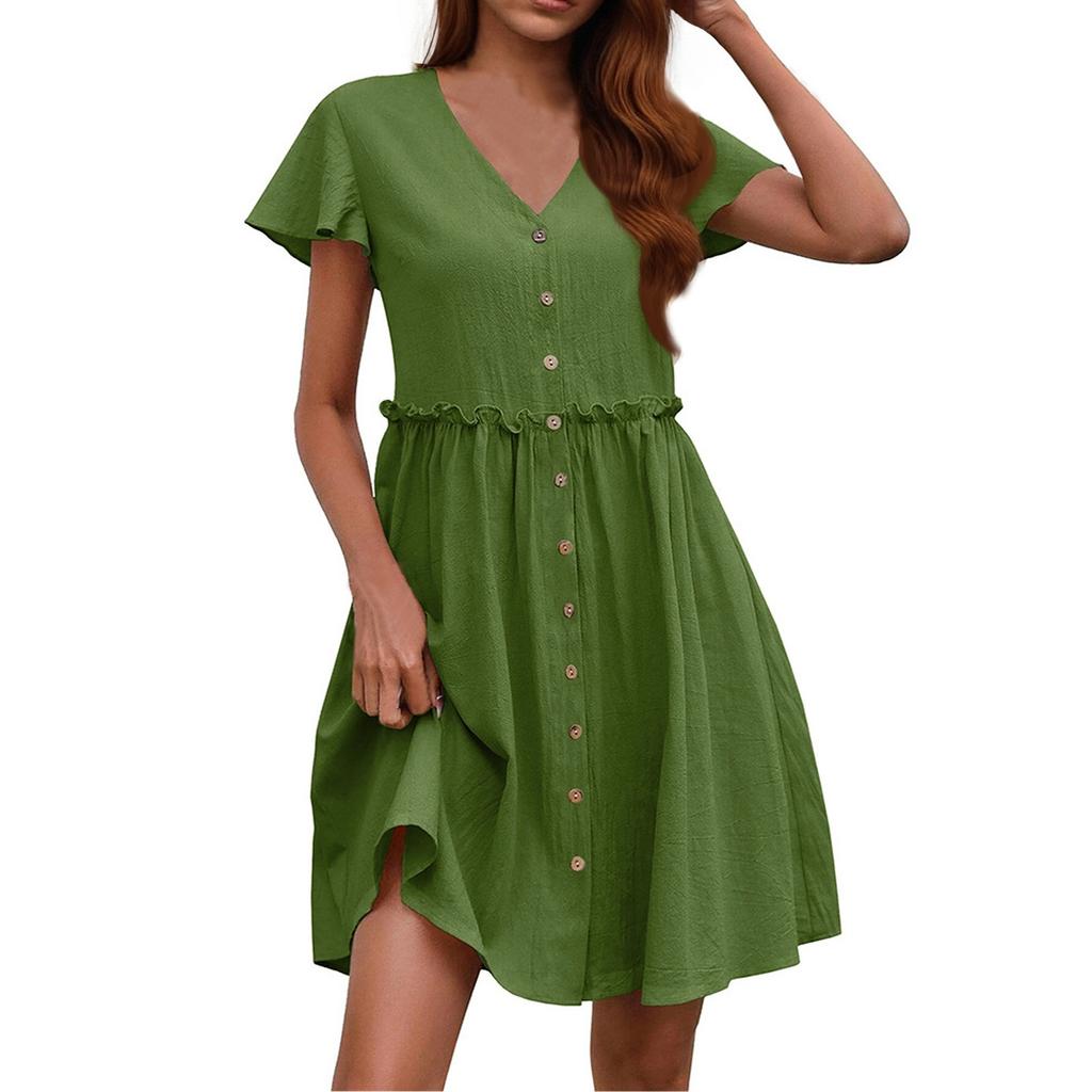 Women's Fashion Solid Color Casual Bohemian Vacation V Neck Short Sleeved Ruffle Edge Dress