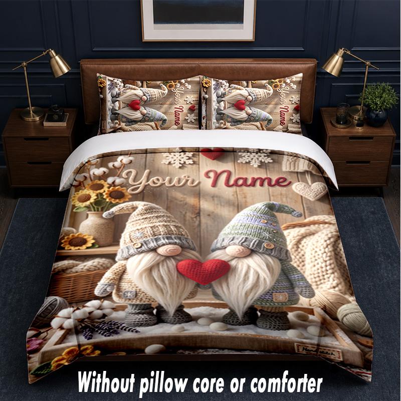 Set Biancheria da Letto a Tema Gnomo con Testo o Nome Personalizzato, 3 Pezzi, 1 Lenzuolo Sotto con Angoli & 2 Federe, Biancheria da Letto Personalizzata per la Casa