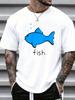 Unisex Bordeaux Rotes T-Shirt Niedlicher Blauer Cartoon-Fisch Mit Blasen Und Fisch-Buchstaben-Print Rundhals Locker Freizeit Herren Kurzarm Oberteile