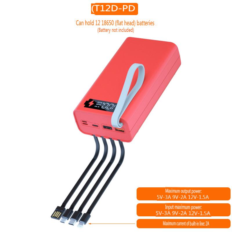 T12D 18650 DIY Power Bank Base with Type C Micro USB Cable Flashlight Fast Power Bank Case 18650 Battery Holder Charging Box Shell