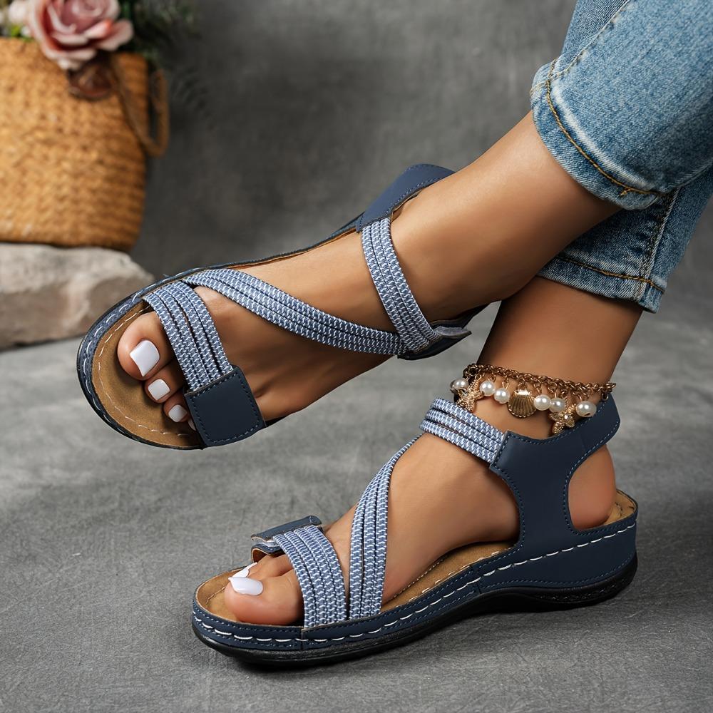 Sandali da pescatore estivi da donna: Cinturino alla caviglia regolabile, Zeppa con plateau open-toe, Scarpe casual da esterno da spiaggia di alta qualità, Tacco basso e comode
