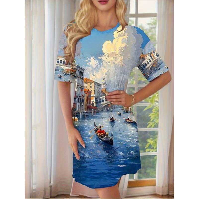 Modisches bedrucktes Damenkleid mit kurzen Ärmeln und Rundhalsausschnitt, geeignet für den täglichen Gebrauch, zum Pendeln und Reisen.