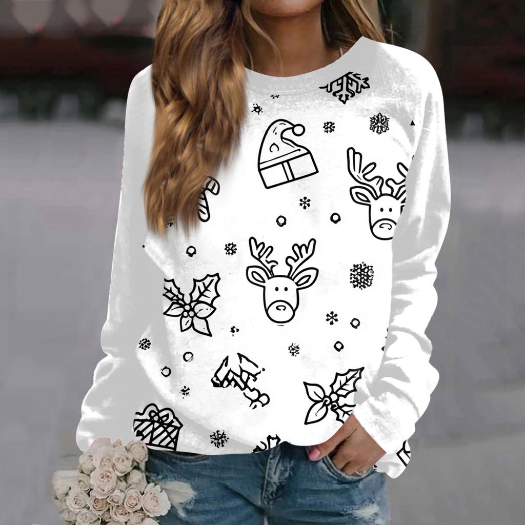 Women's Fashion Casual Long Sleeve Christmas Printed  Neck Sweatshirt Top