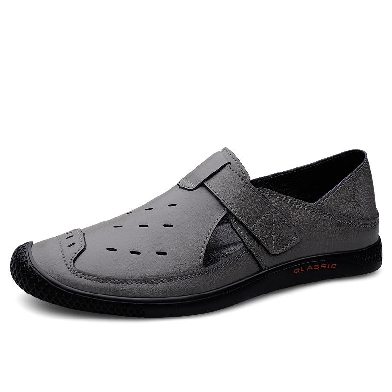 

Повседневная обувь из натуральной кожи для мужчин, новые модные мужские мокасины, мягкие сандалии, дышащие туфли-лодочки, универсальные туфли с отверстиями для мужчин 45 серый