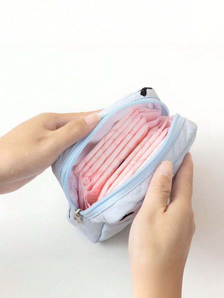 1pc Bow Decor Portable Zipper Cosmetic Bag/Sanitary Pad Storage Pouch, Fluffy Makeup Bag, Cosmetic Organizer, Toiletry Bag, Mini Makeup Bag