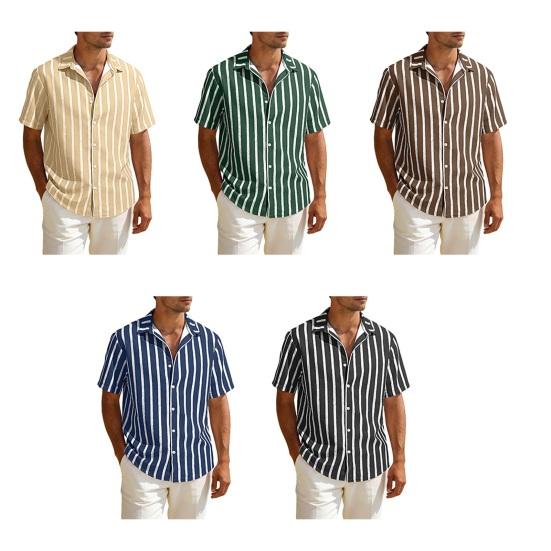 Men Striped Summer Shirt Short Sleeve Turndown Collar Button-up Shirt Casual Loose Fit Holiday Shirt for Beach Party Vacation Date
