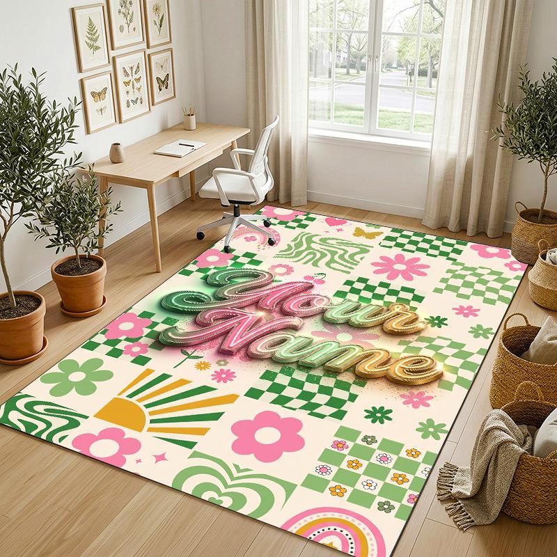 Floral Garden Theme Crystal Velvet Rug Personalized Custom Name Text Soft Floor Mat Home Decor
