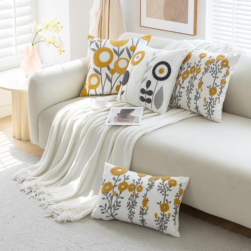 Modern Simple Flower and Plant Towel Embroidered Celebrity Decorative Pillow Case Nordic Ins Sofa Bedside Sofa Living Room Pillow