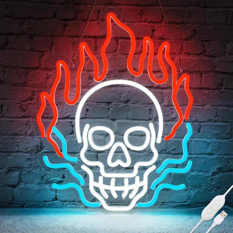 Skull Fire Neon Walls Decorated with Dimmable Halloween LED,USB-powered Men Cave Bar Club Game Room Halloween Party Decorations