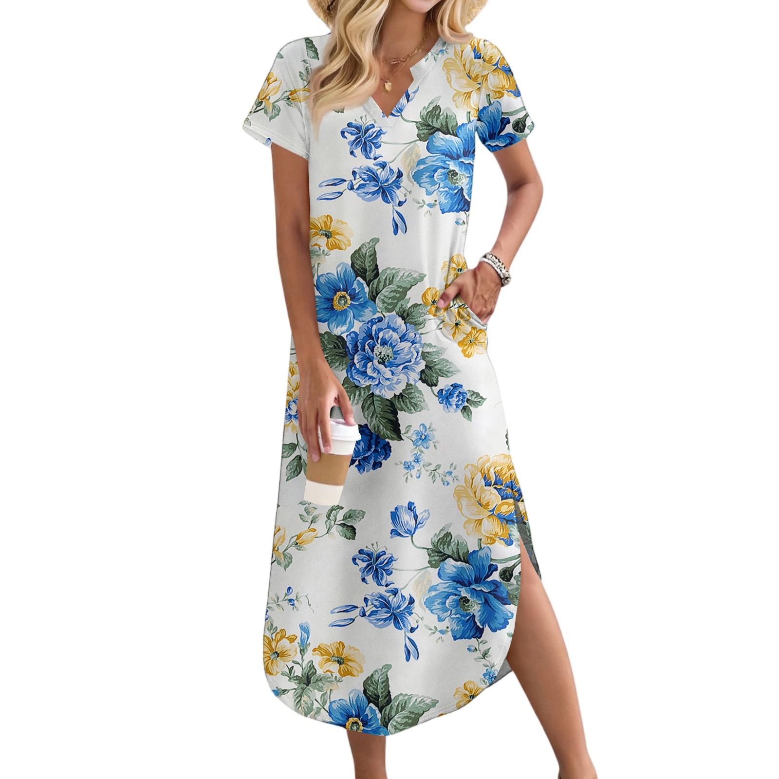 

Женские повседневные удобные платья с V-образным вырезом, свободным подолом с разрезом, короткими рукавами, с цветочным принтом, длинные XL небесно-голубой