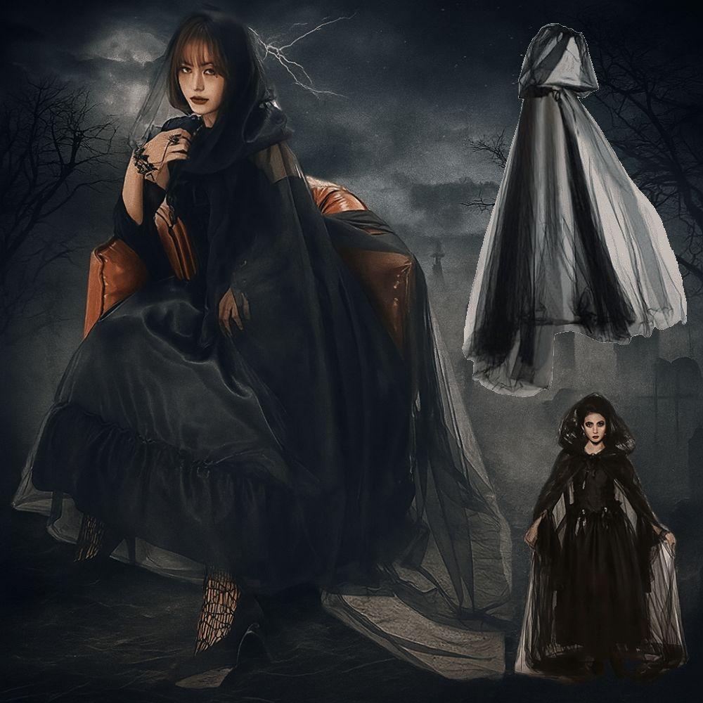 Dress Up Women Halloween Costume Lace Up Hooded Cloak Funny Mesh Ghost Cloak  Children