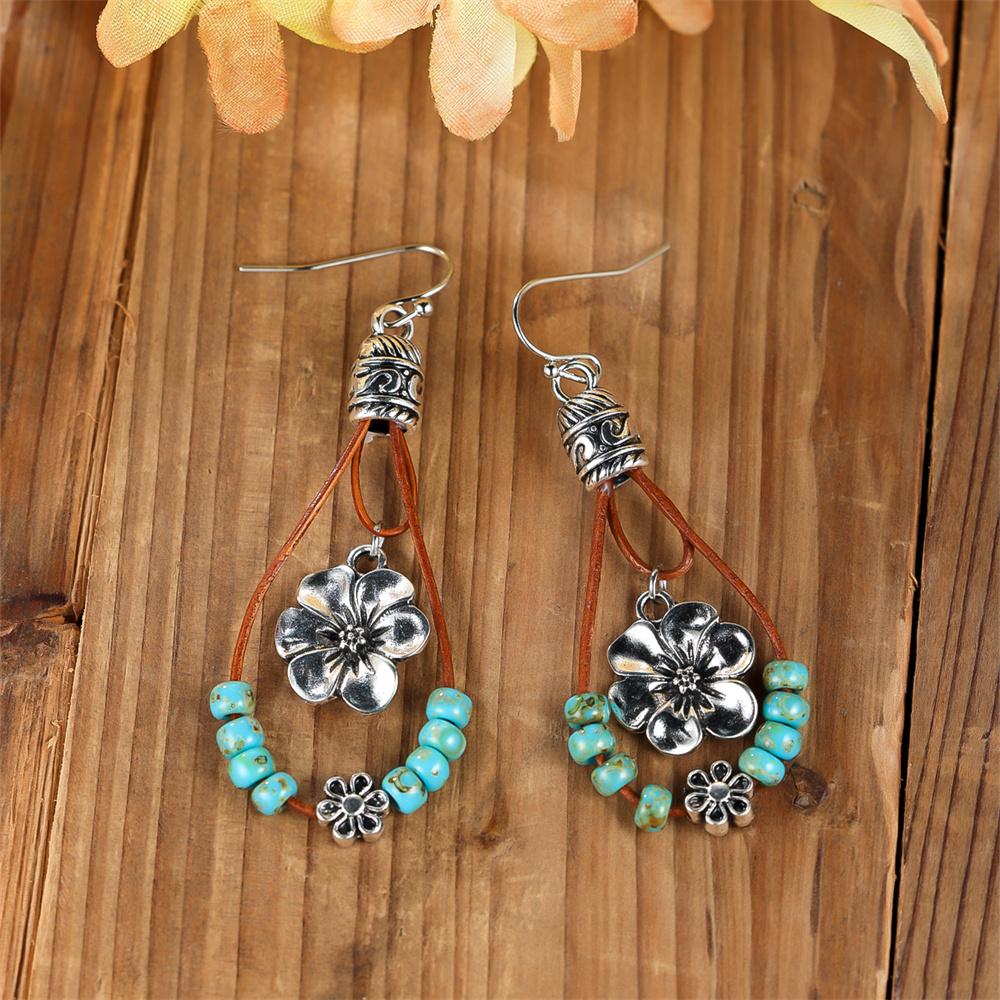 Simulated Turquoise Cute Antique Flower Drop Earrings For Women Vintage Silver Color Dangle Earring Bridal Wedding Jewelry Gift