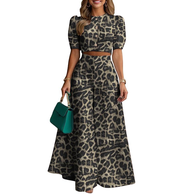 ZANZEA Womens Cropped Tops and Wide Leg Pants Leopard Print Two Piece Suit Sets