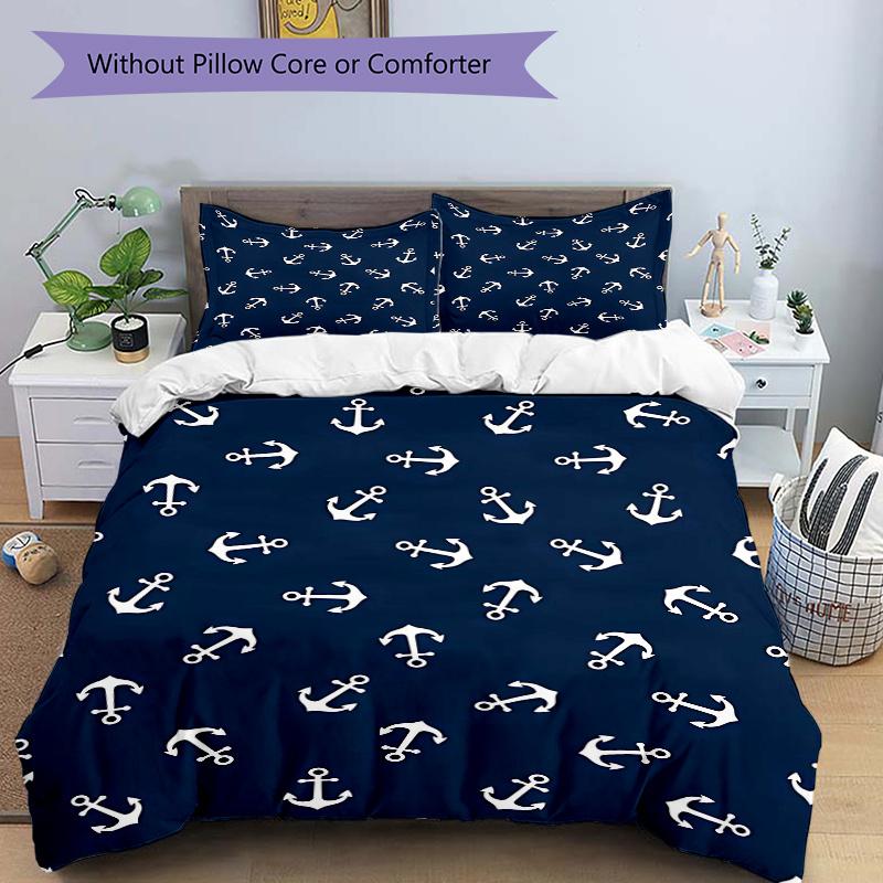 

3pcs Nautical Anchor Print Comforter Set with One Quilt Cover and Two Pillowcases (No Core) - Navy Blue Bedding for Bedroom Decor, Coastal Theme, Sail 135x200cm