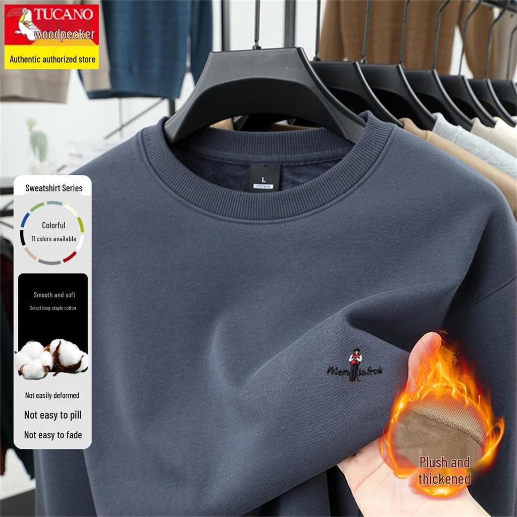 Men's Thickened Velvet Woodpecker Hoodie - Long Sleeve, Round Neck, Solid Color Cotton T-Shirt for Autumn/Winter