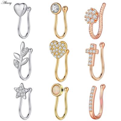Alisouy 1 Stück Zirkonia Fake Piercing Clip Nasenring Körperschmuck für Frauen Ohrmanschetten Herz Kreuz Stern Blatt Blumen Clip Nasenringe