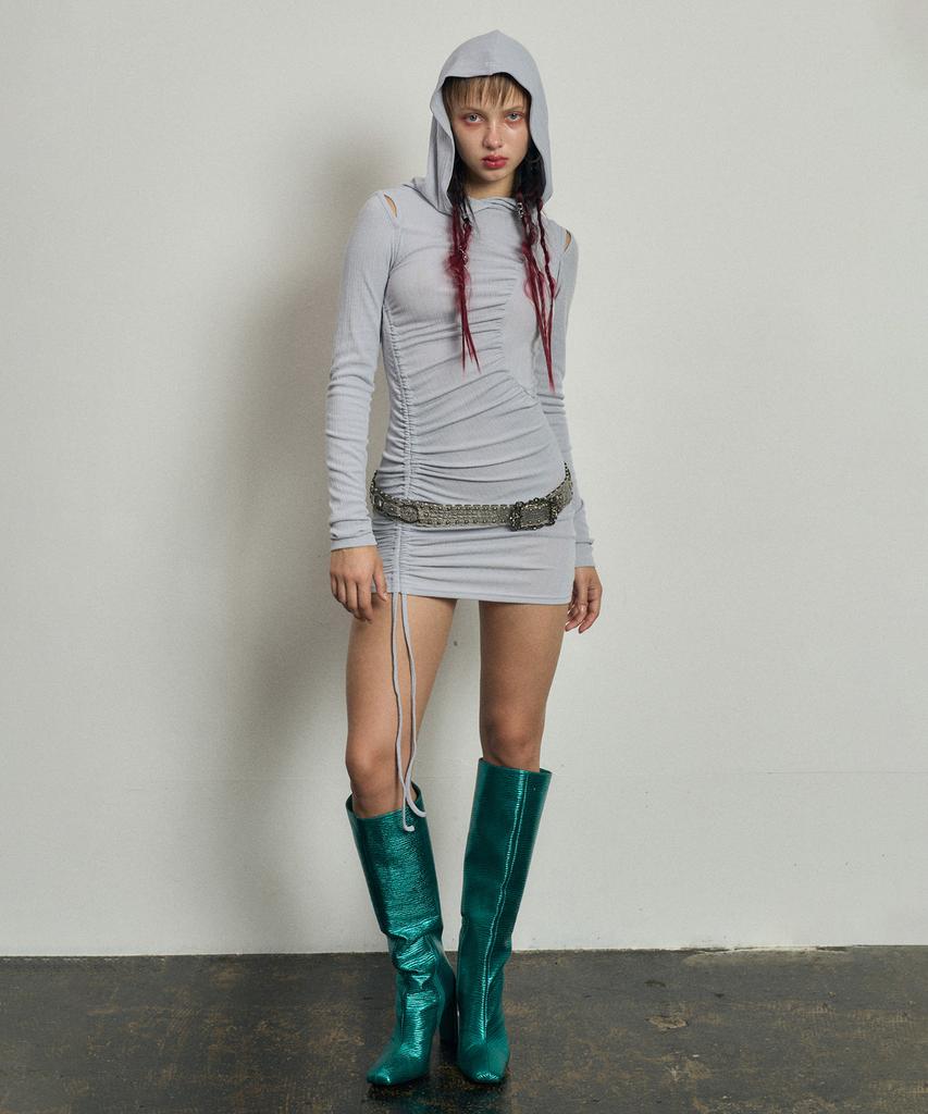 Buddy Cut-Out Shirring Hoodie Dress Ice Gray
