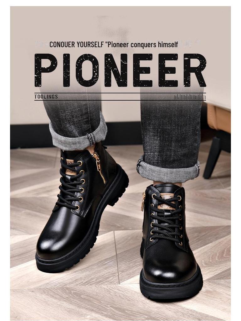 Męskie buty Martin do połowy łydki - Zimowe plus aksamit, Skórzane buty z wysoką cholewką i grubą dwuwarstwową podeszwą z krowiej skóry.